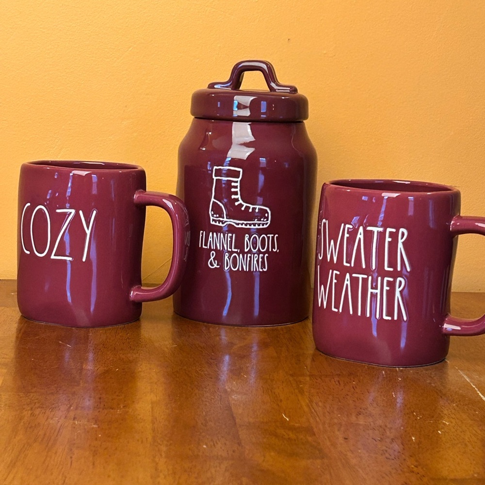 Rae Dunn. Maroon Cozy & Sweater Weather Ceramic Mug and Canister Set